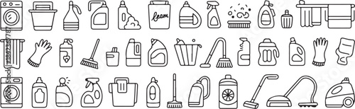 Cleaning line icons. Home cleaning. Clean up the house. Washing floors, windows, dishes, clothes and linen. Sweeping the floor and wiping dust. Outline icon collection.