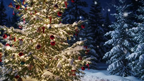 Christmas Trees in a Snowy Forest with Festive Decorations.
