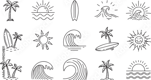 Summer set of icons in line style. 