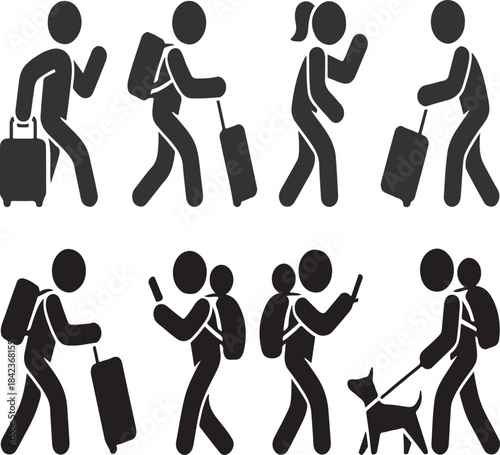 Diverse stick figure icon set illustrating various people traveling on a journey with luggage and companions
