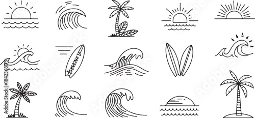 Summer set of icons in line style. vector set with tropical elements like palm trees, waves, surfboards, and sun. Perfect for summer designs,  posters design.