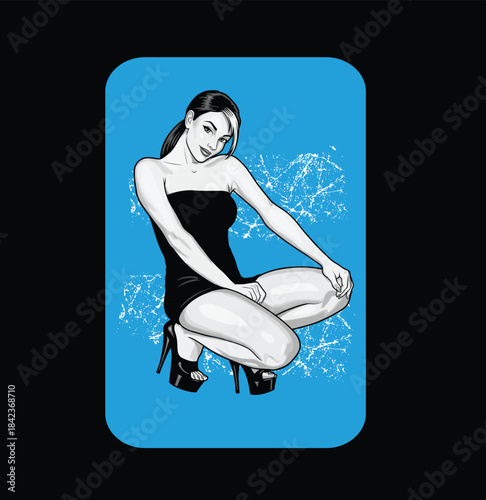 Stylish woman crouching in black dress and high heels. Vector pin-up illustration on blue grunge texture background