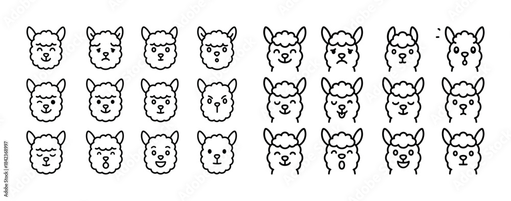 Naklejka premium Cute cartoon alpaca faces set: various expressions and emotions