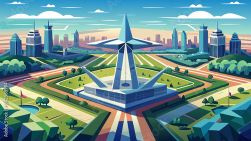 Very beautiful aerial composition featuring the Pentagon’s clean geometric layout and the elegant Air Force Memorial rising above a wide urban landscape under soft daylight clarity.
