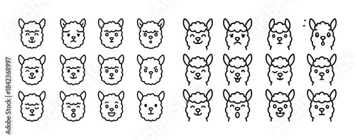 Cute cartoon alpaca faces set: various expressions and emotions