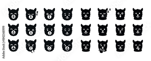 Set of alpaca emoji icons with various facial expressions
