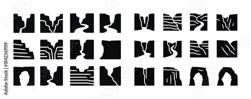 Abstract black and white geometric patterns in varied silhouette