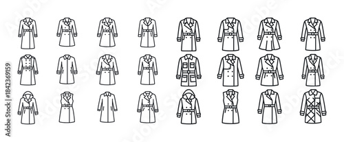 Collection of various trench coat styles and designs illustrated