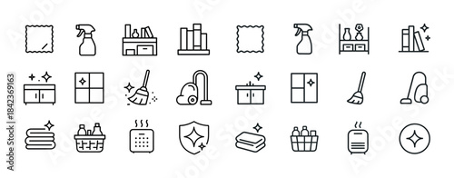Household cleaning and organizing icon set with vacuum and shelv