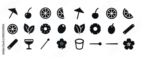 Cocktail icons set: garnishes, fruits, glasses, straws, herbs