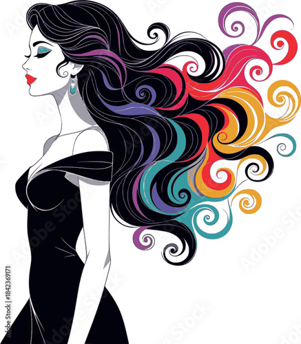 Abstract Fashion Muse: Stylish girl silhouette with creative explosion of vibrant colors in flowing hair