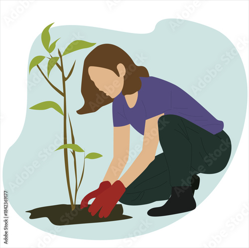 woman planting a tree. Mother and small daughter plant seedling in ground take care 