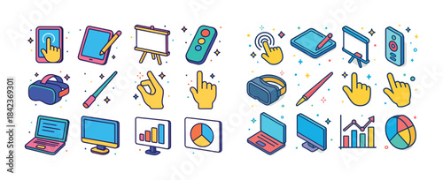 Colorful digital media and technology icon set featuring devices