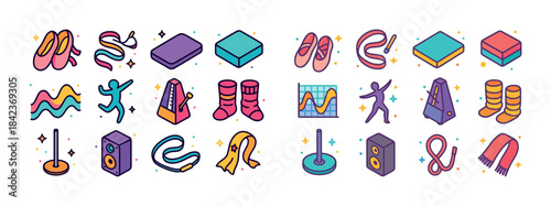 Colorful dance and music icons featuring shoes, musical notes, a