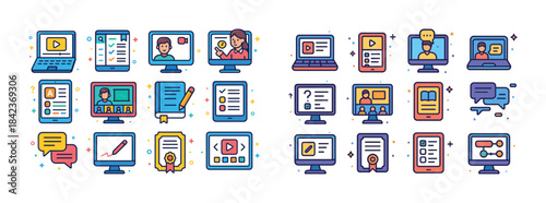 Colorful e-learning and online education icons set