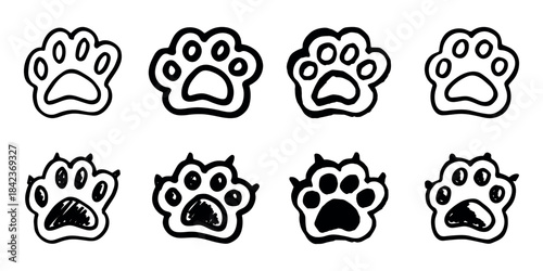 Set of hand drawn cute cat's paw Cat, dog, animal footprint in doodle style Single element for print, web, design, decor, greeting cards, children's prints