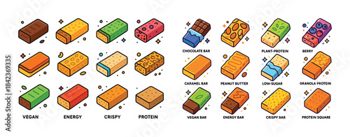 Variety of vegan and protein bars - energy, caramel, peanut butt