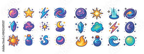 Colorful celestial and elemental icons with cosmic and nature sy