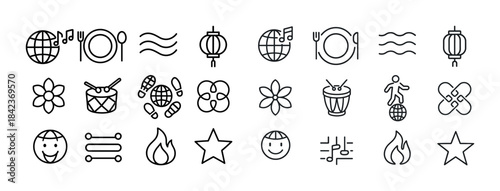 Black and white simple line icons of music, dance, food, culture