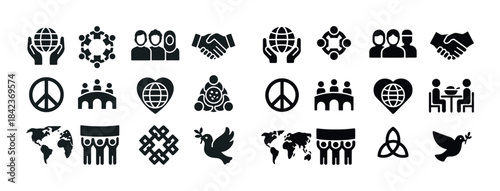 Diverse symbols of unity, peace, and community in black icons se