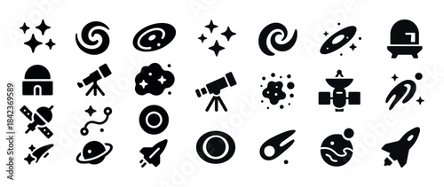 Space exploration icons including telescope rocket planets satel