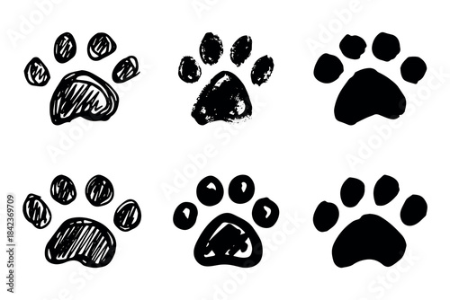 Set of hand drawn cute cat's paw Cat, dog, animal footprint in doodle style Single element for print, web, design, decor, greeting cards, children's prints
