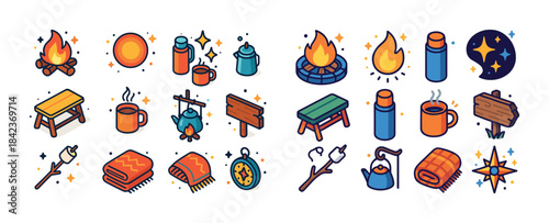 Colorful camping icons with campfire, tent, and outdoor elements