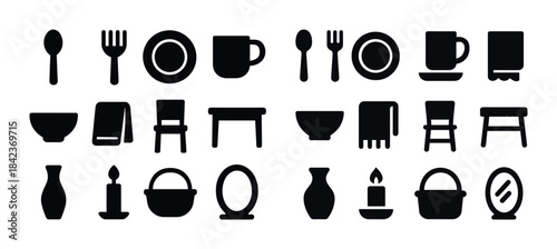 Black silhouette icons of kitchenware and furniture isolated on