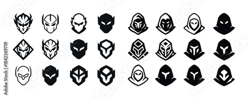 Collection of fantasy mask and helmet icons in black and white d