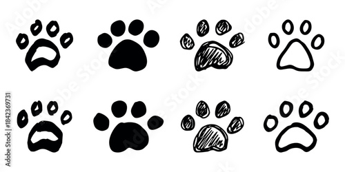Set of hand drawn cute cat's paw Cat, dog, animal footprint in doodle style Single element for print, web, design, decor, greeting cards, children's prints