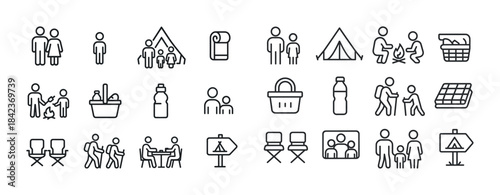 Camping icons: family, tent, campfire, hiking, picnic basket