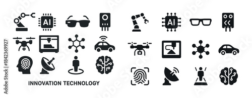 Innovation technology icons: ai, robotics, drones, 3d printing,