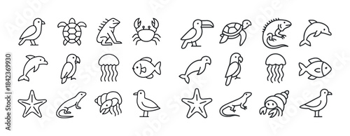 Black and white line art icons of various animals and sea creatu
