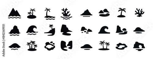 Set of coastal and island silhouettes featuring waves and palms