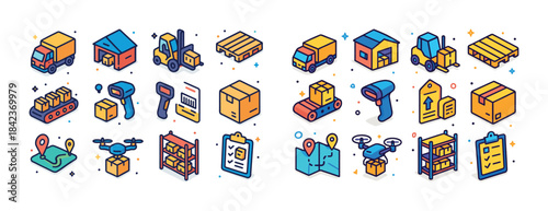 Logistics and supply chain icons: warehouse, delivery, inventory