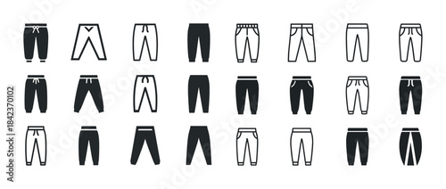Variety of trouser icons in black and white silhouettes on white