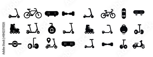 Various transportation icons: scooters, bicycles, skateboards, a