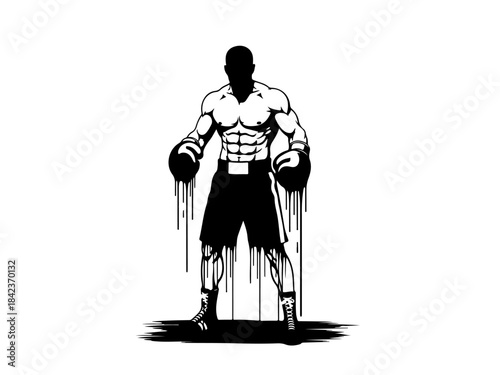 A silhouetted boxer with muscular physique stands ready in the ring, dripping with sweat.