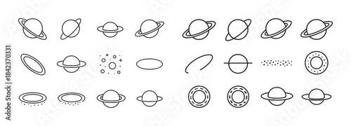 Minimalist saturn icons set in black and white featuring various