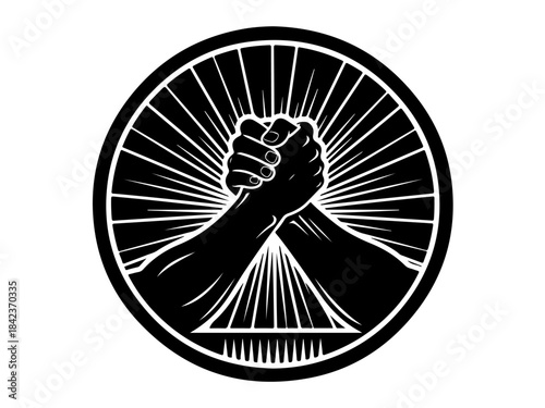 A black and white circular graphic depicting two arms clasped in a handshake, symbolizing unity and strength.