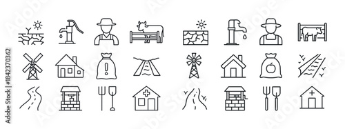 Rural icon set: agriculture, farming, water, tools, housing, win