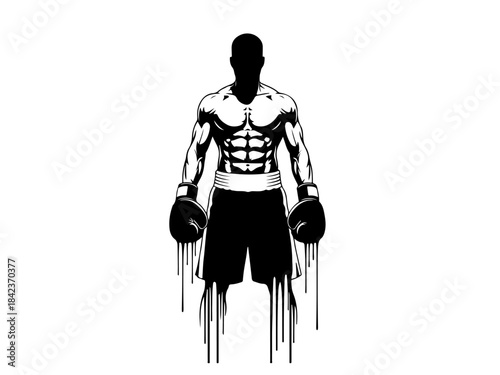 Silhouette of a Muscular Boxer Standing with Boxing Gloves On.