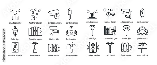 Smart home devices: sensors, cameras, and automation icons