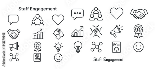 Staff engagement icons: communication, recognition, teamwork, gr