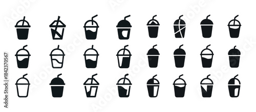 Set of various beverage cup silhouettes with straws