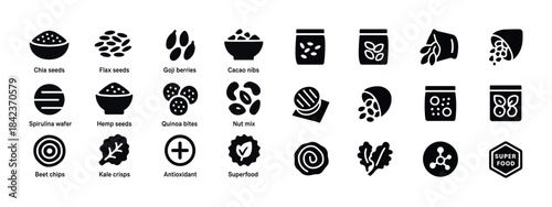 Superfood icons set: seeds, berries, nuts, and greens