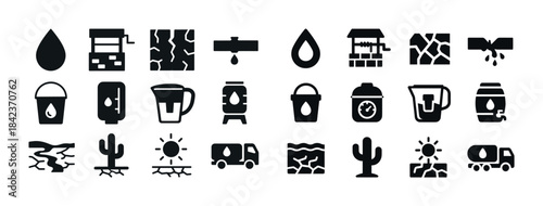 Water conservation icons: drought, cactus, watering can, bucket,