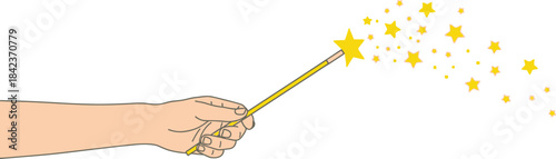 Hand holding a yellow magic wand creating a trail of bright yellow stars against a light blue background