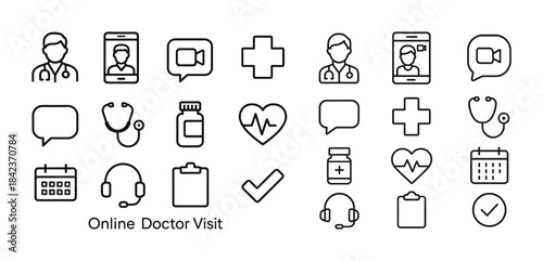 Telemedicine icons set featuring doctors, devices, and medical s