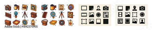 Colorful and monochrome photography themed icons featuring camer